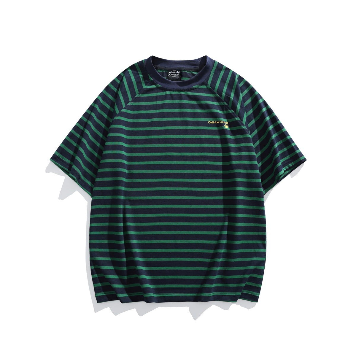 Navy and green striped short-sleeve raglan crew-neck T-shirt laid flat, front view