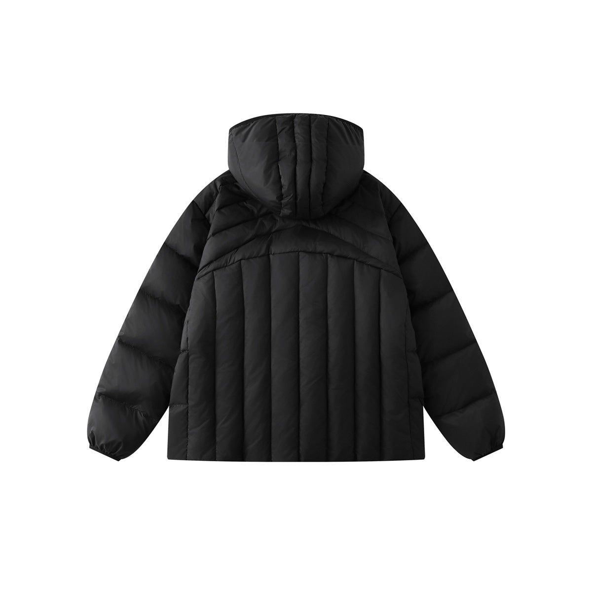 Back view of a black hooded quilted jacket with vertical padded panels.