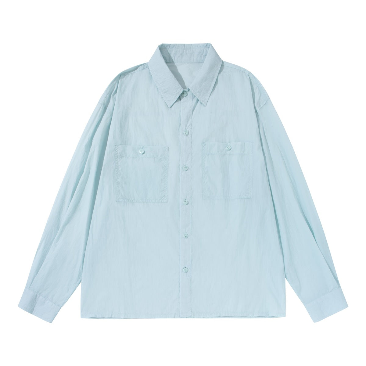 Light blue long-sleeve button-up shirt with two chest pockets, flat lay front view