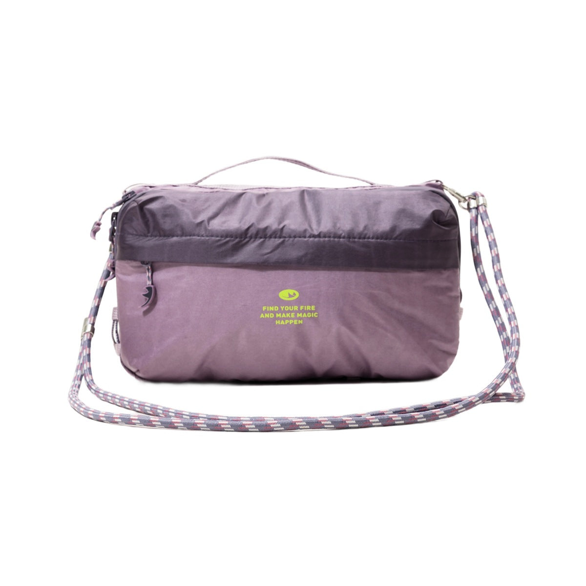 Purple crossbody bag with darker upper band, top handle and purple-pink-white cord strap