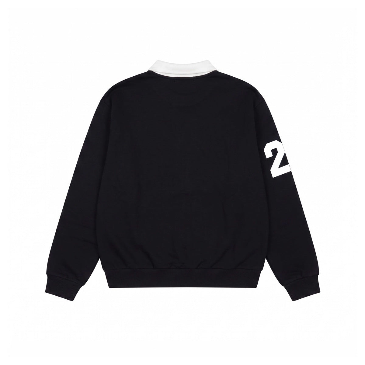 Back view of a black sweatshirt with a white collar and a large white number 2 on the sleeve.