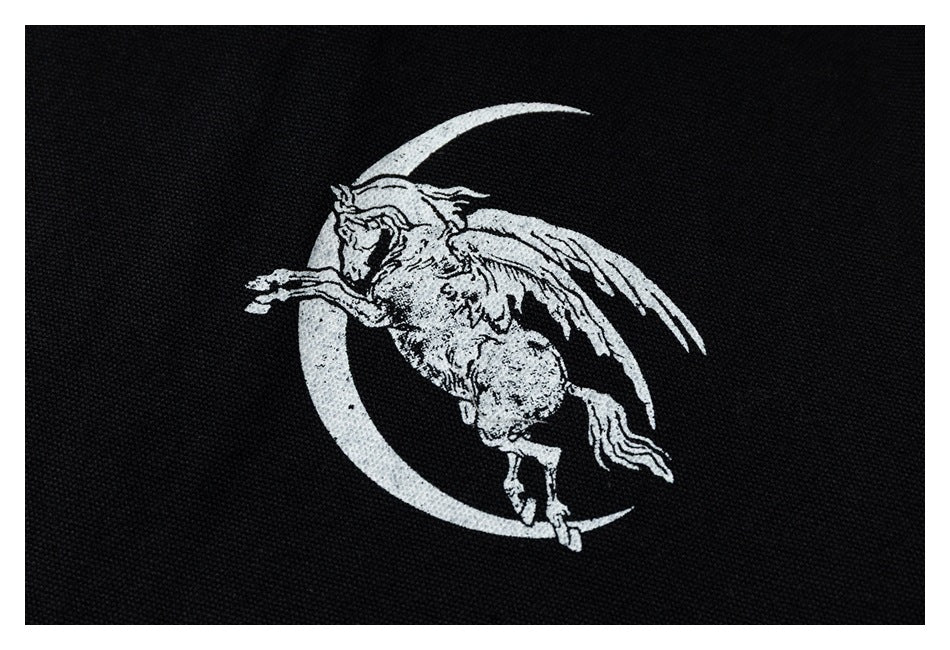 Close-up of a white winged-horse graphic and crescent moon printed on black fabric.