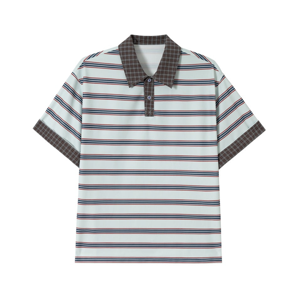 Pale blue polo shirt with navy and red stripes, brown plaid collar and cuffs, and two-button placket, front view