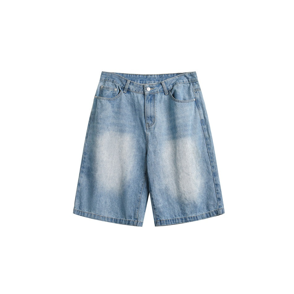 Light blue washed denim knee-length shorts, flat front view with faded thigh patches, button fly and pockets