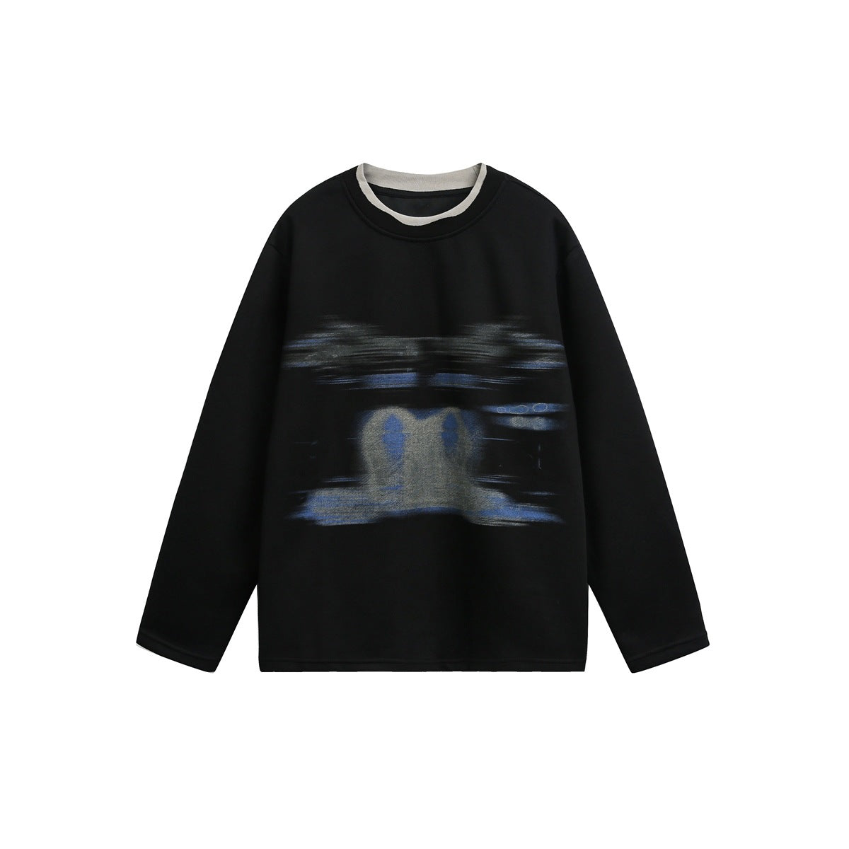 Black crew neck sweatshirt with gray collar trim and blurred blue and gray graphic, flat front view