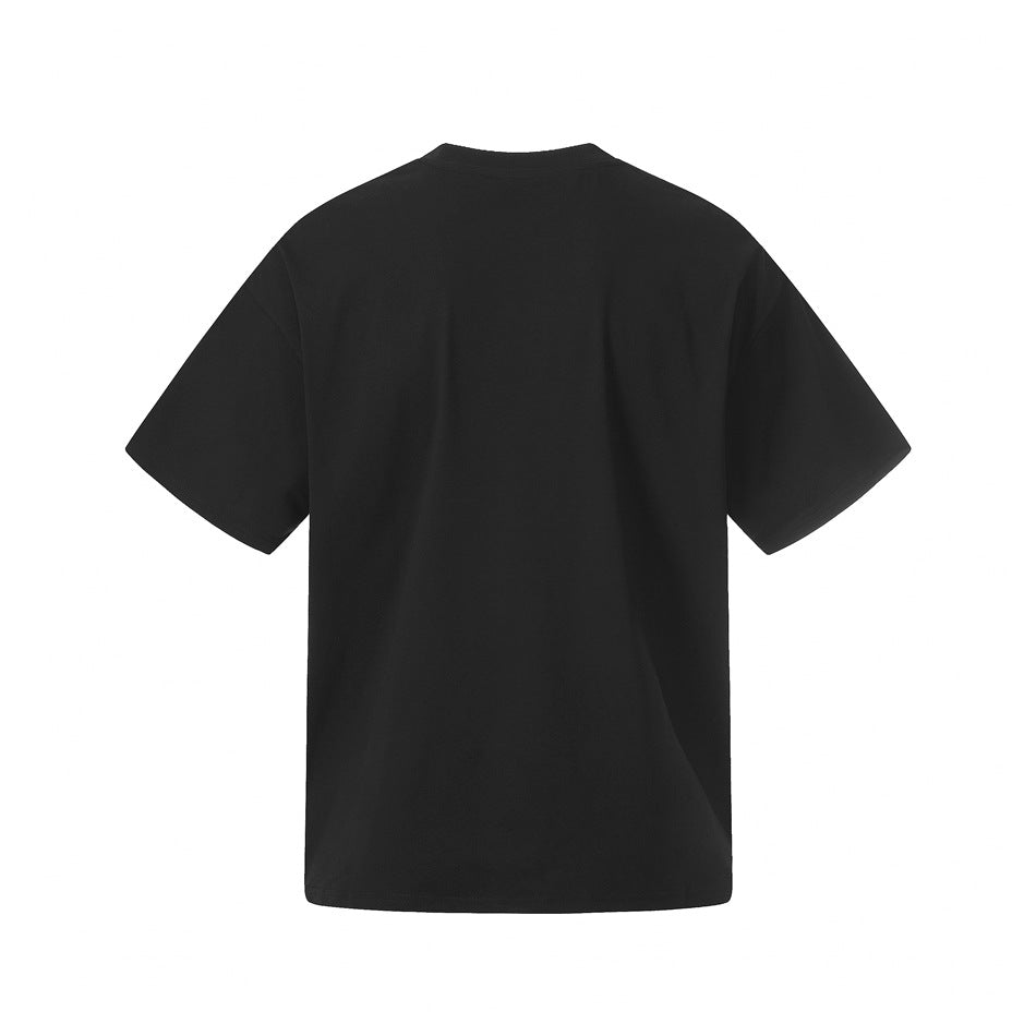 Back view of a plain black short-sleeve crew-neck T-shirt on a white background.