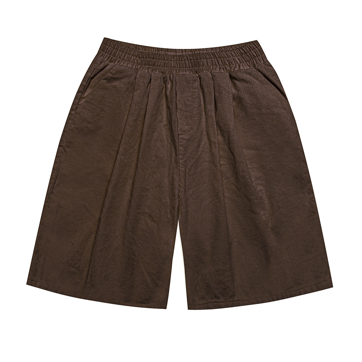 Front view of dark brown wide-leg shorts with a gathered elastic waistband and front pleats.