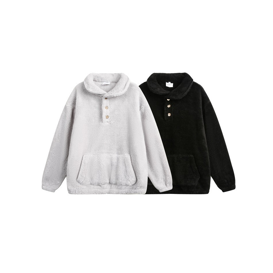 Light gray and black plush pullovers shown side by side, each with a wide collar, short button placket and kangaroo pocket.