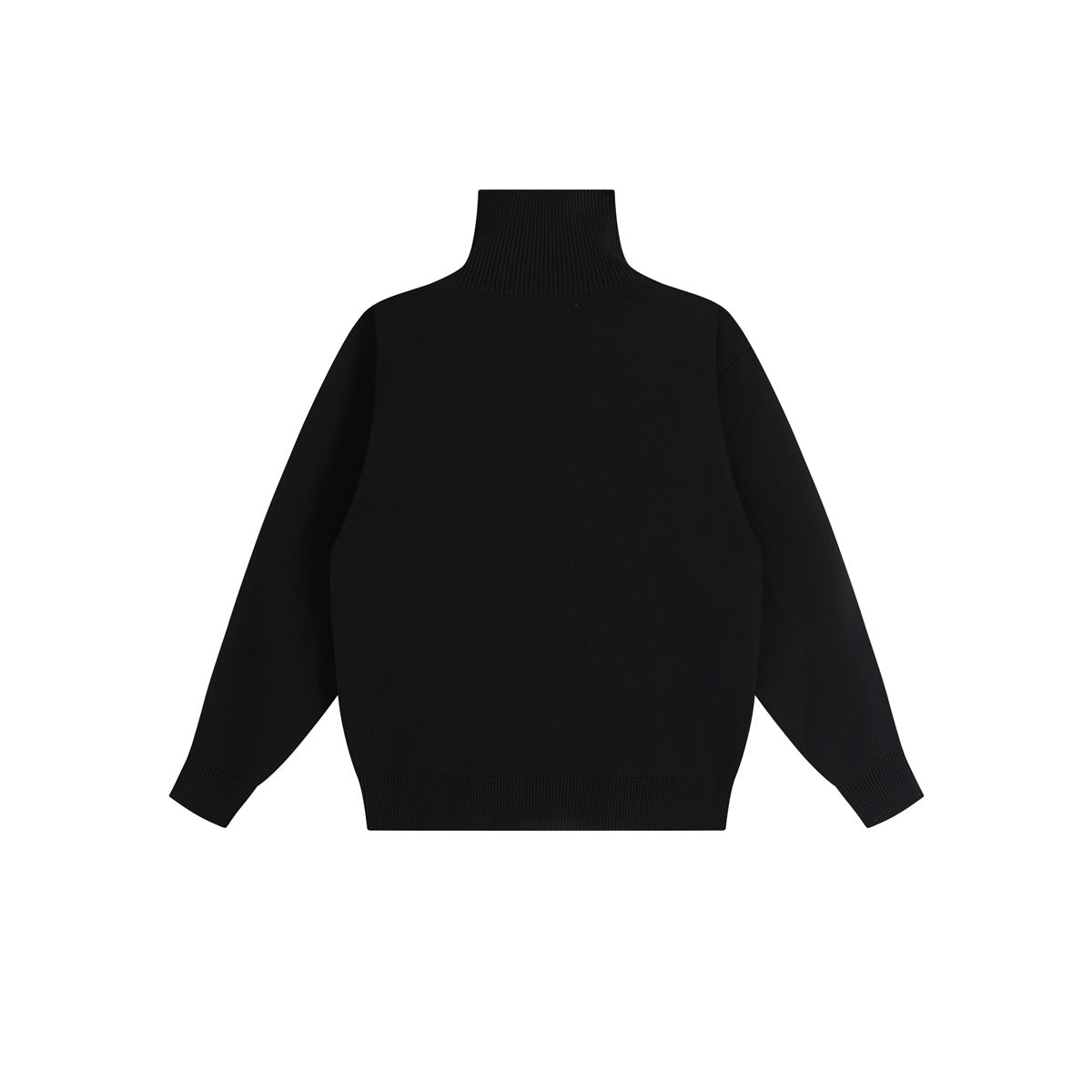 Front view of a black long-sleeved sweater with a ribbed high neck, cuffs, and hem.