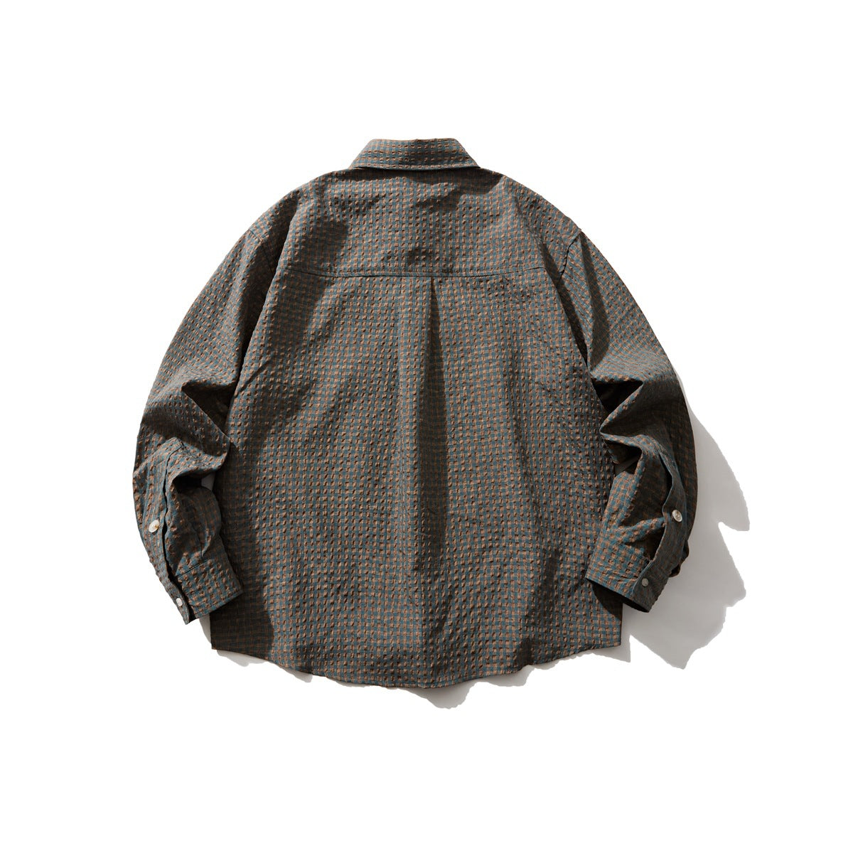 Back view of a dark teal-brown patterned long-sleeve button-up shirt laid flat.