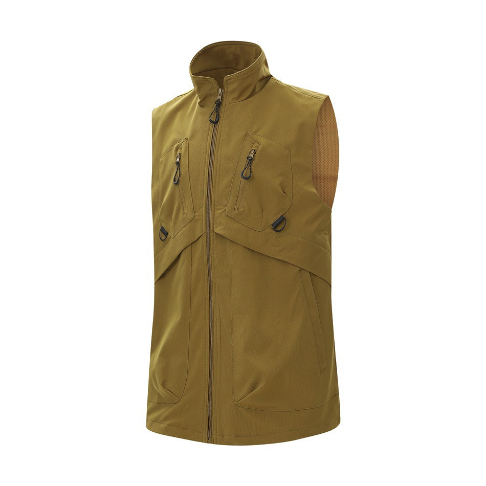 Yellow olive utility vest angled three-quarter front view showing zip pockets, stand collar and mesh-like armhole lining