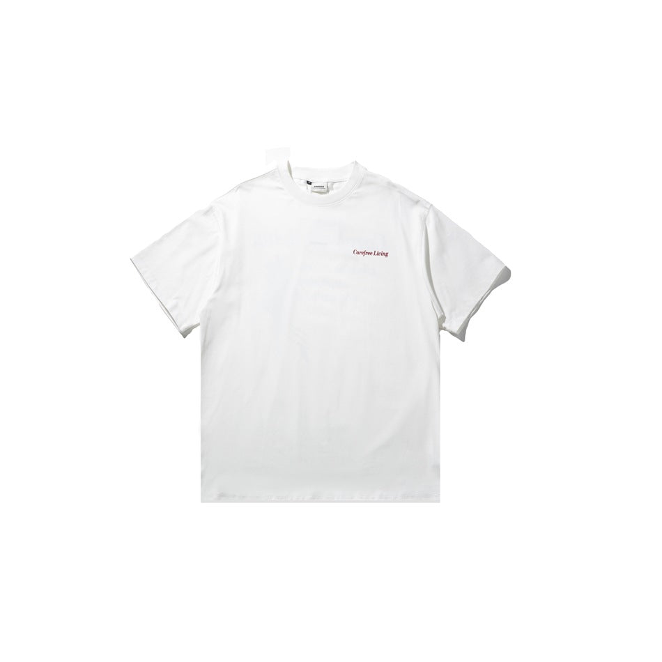 White short-sleeve crew-neck T-shirt, front view, with small red “Carefree Living” text on the chest.