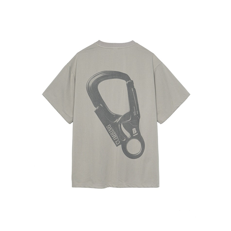 Back of light gray T-shirt with a large gray carabiner graphic and CLIMBING lettering