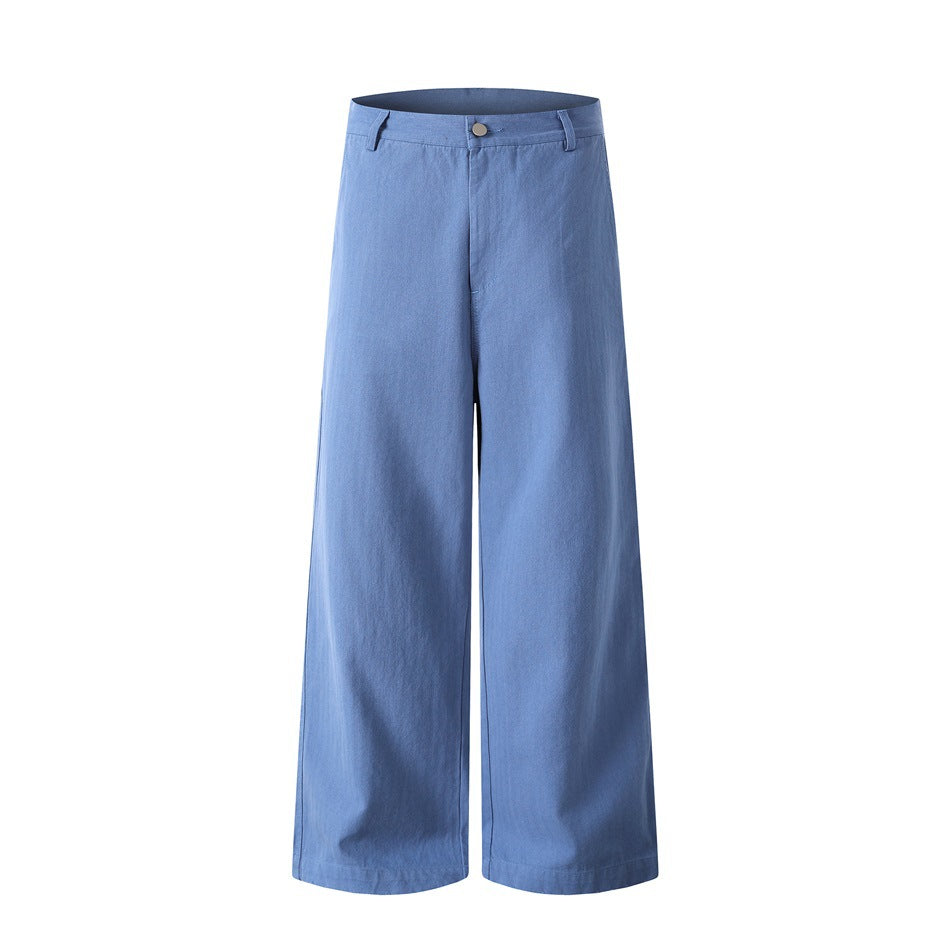 Blue wide-leg trousers, front flat lay, with button closure, belt loops and flat waistband