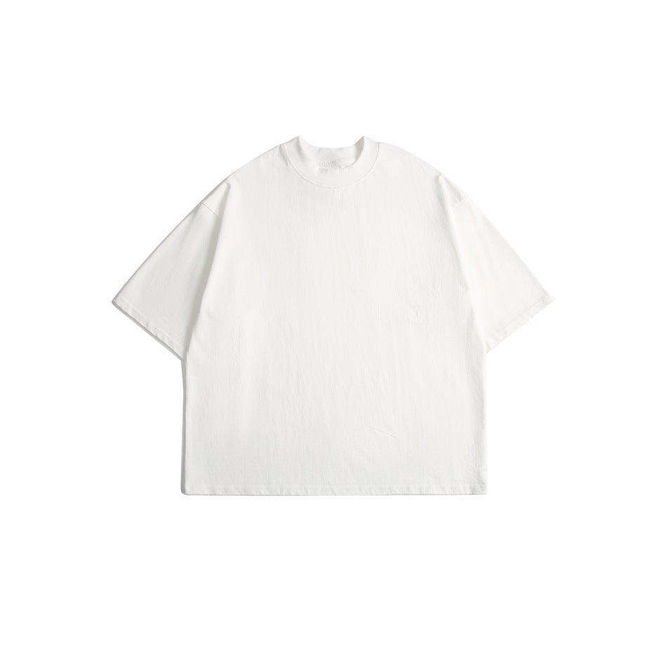White short-sleeve oversized T-shirt with a high ribbed crew neck, laid flat, front view