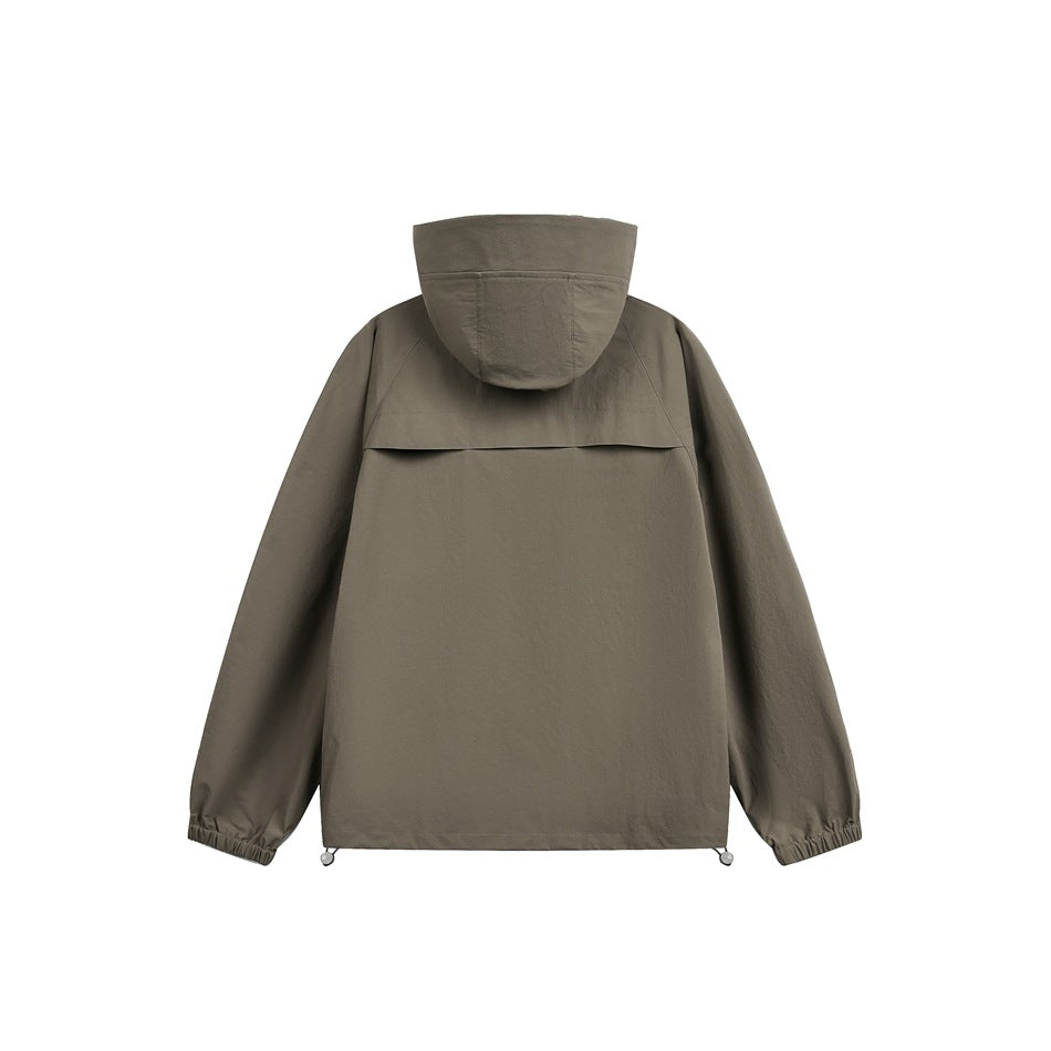 Back view of an olive-gray hooded jacket with a rear yoke flap, elastic cuffs, and adjustable hem.