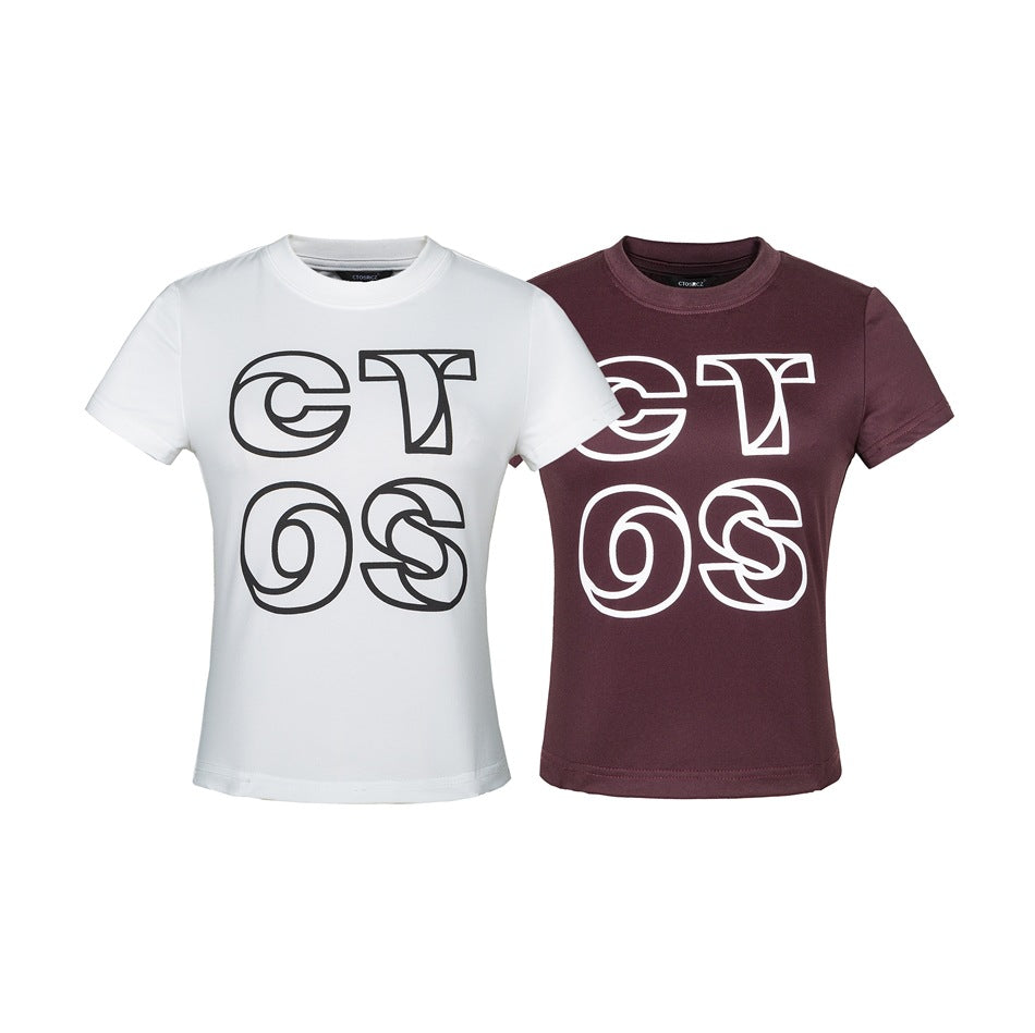 White and burgundy short-sleeve crew-neck T-shirts shown from the front with large outlined chest lettering.