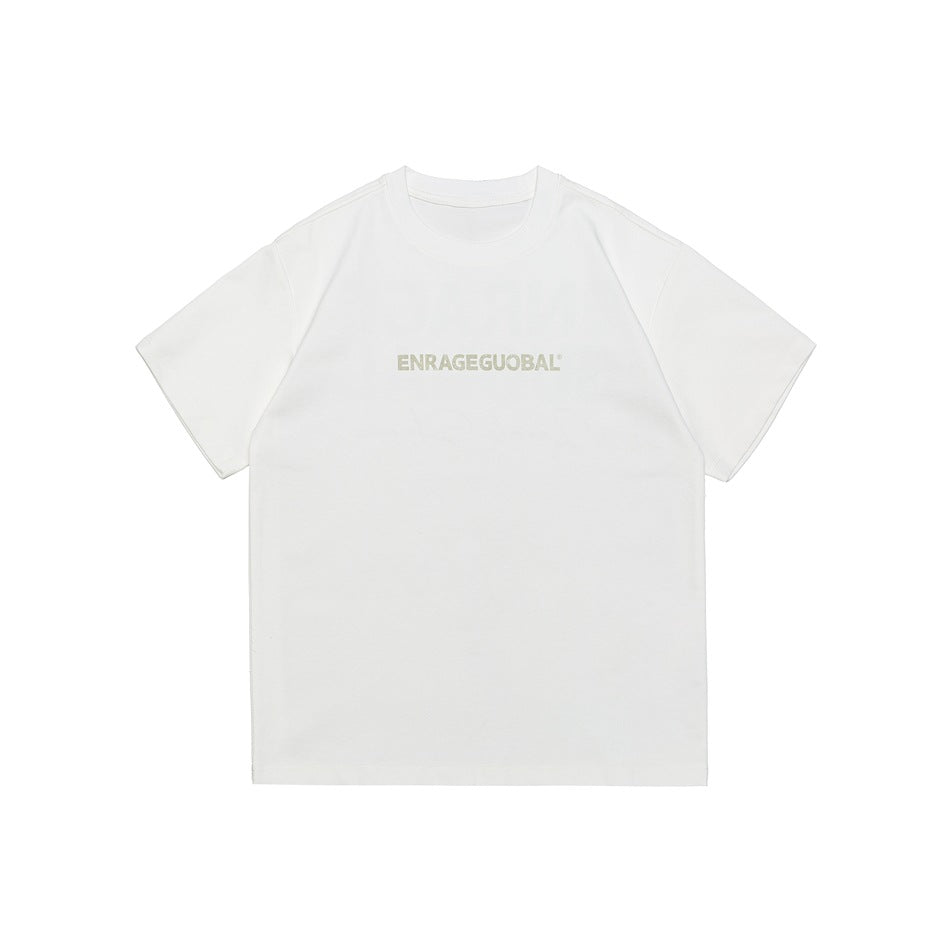 White short-sleeve crew-neck T-shirt front with small tonal ENRAGEGUOBAL chest print