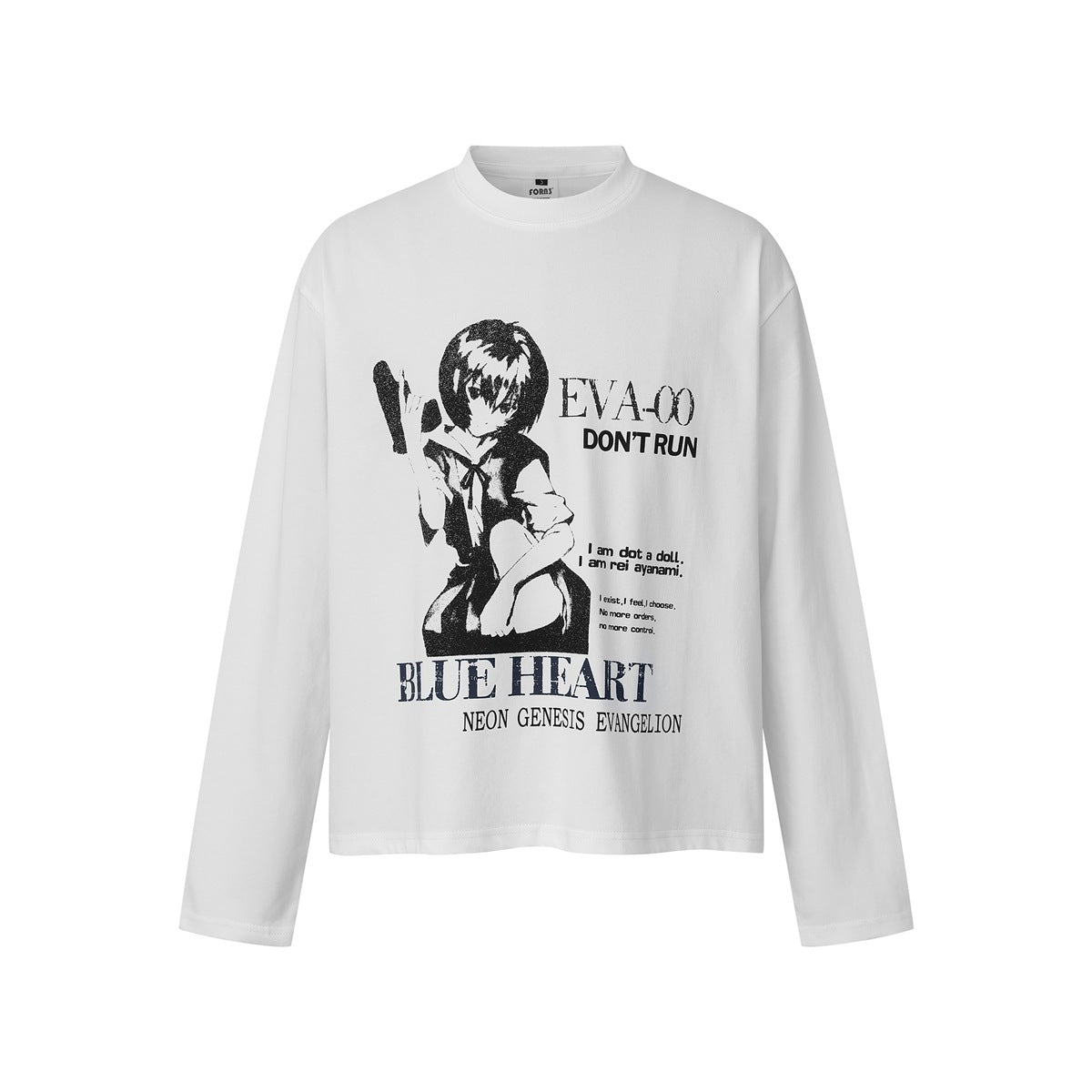 White long-sleeve T-shirt with black and navy anime girl graphic and Blue Heart text, front flat view