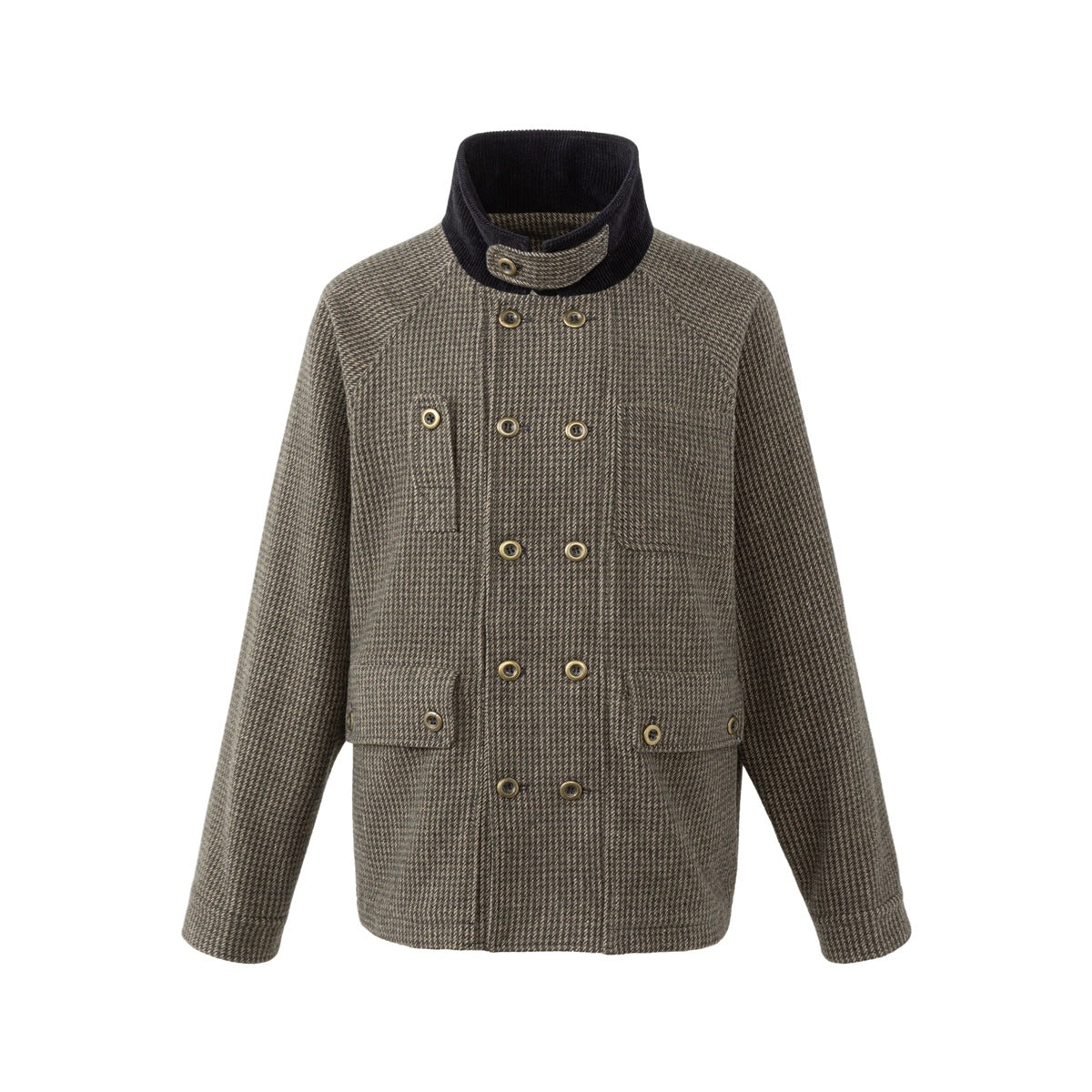 Front view of a brown and gray houndstooth jacket with a black stand collar, brass-tone buttons, and flap pockets.