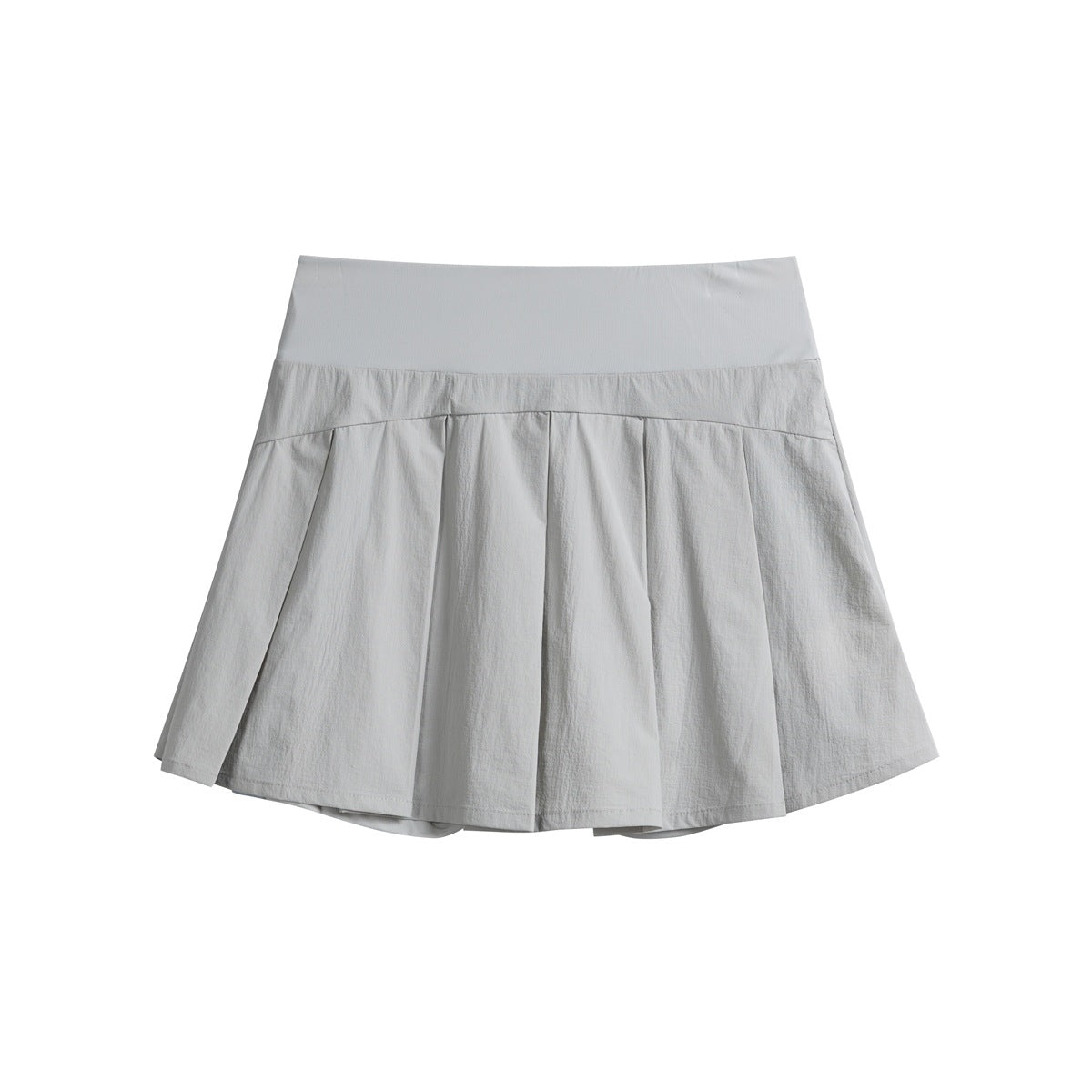 Light gray pleated athletic skirt with a wide waistband and built-in shorts visible underneath.