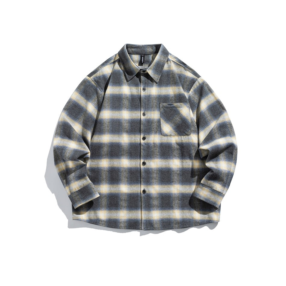 Gray, cream and blue plaid long-sleeve button-up shirt, front view, with collar, chest pocket and buttoned cuffs