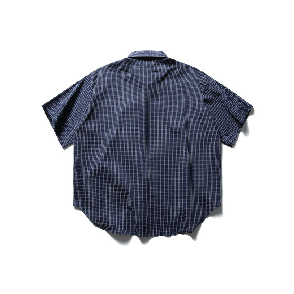 Back view of a navy short-sleeve button-up shirt with a fine white grid check and pointed collar.