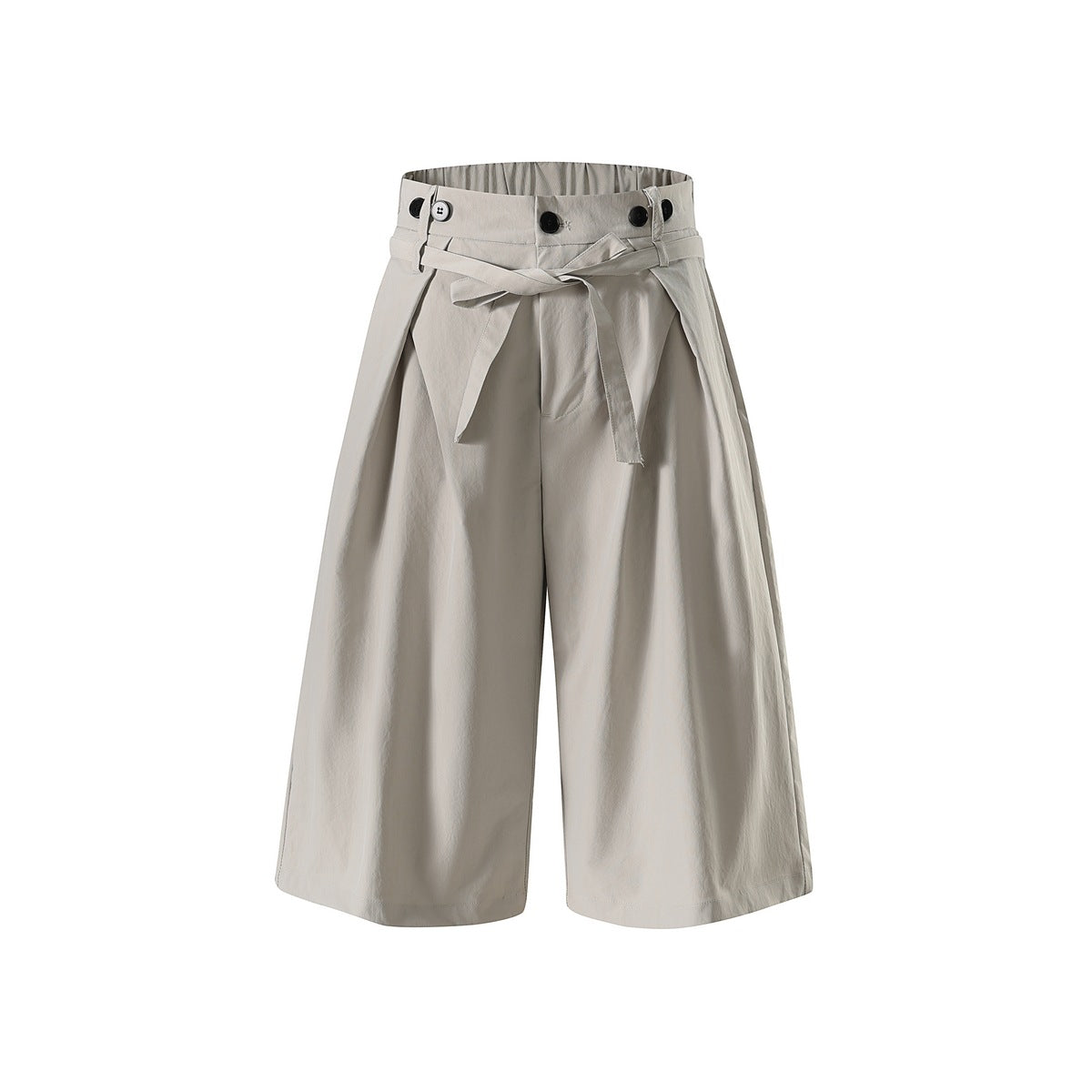 Light gray-white wide-leg knee-length shorts with front pleats, button waist tabs and a tie belt, flat front view