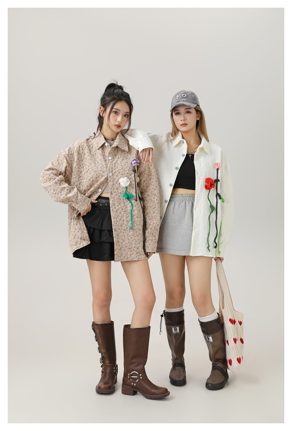 Two models display cream and beige oversized floral jackets with colorful flower appliqués.