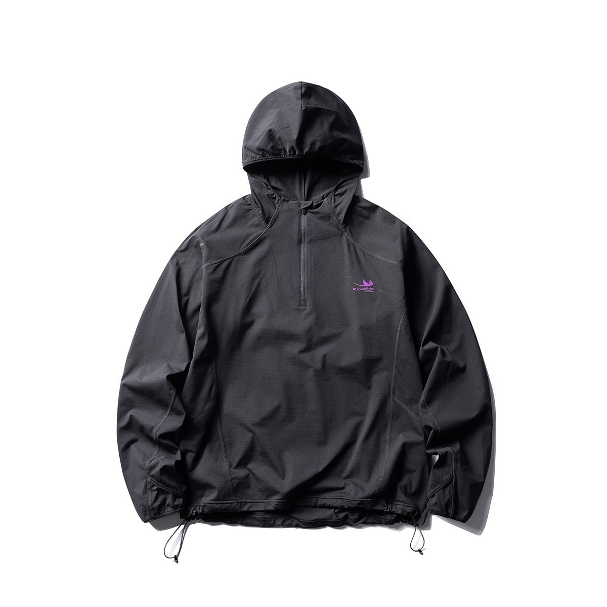 Black-charcoal hooded half-zip jacket, flat front view, with purple chest logo and drawstring hem