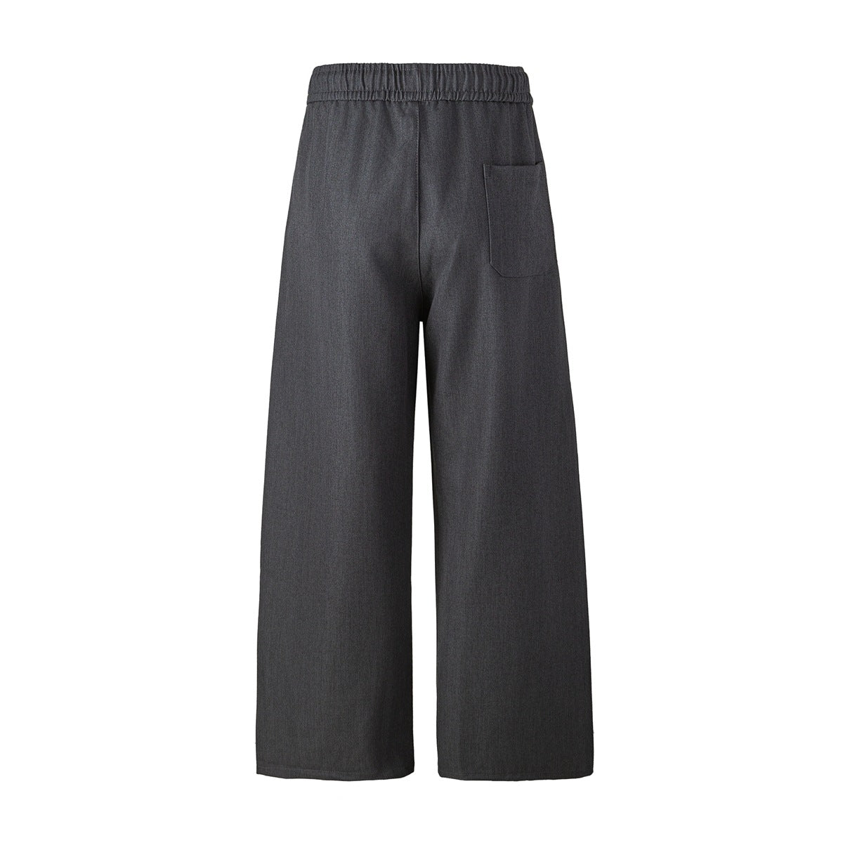 Dark gray wide-leg trousers with elastic waistband and one back patch pocket, flat lay back view