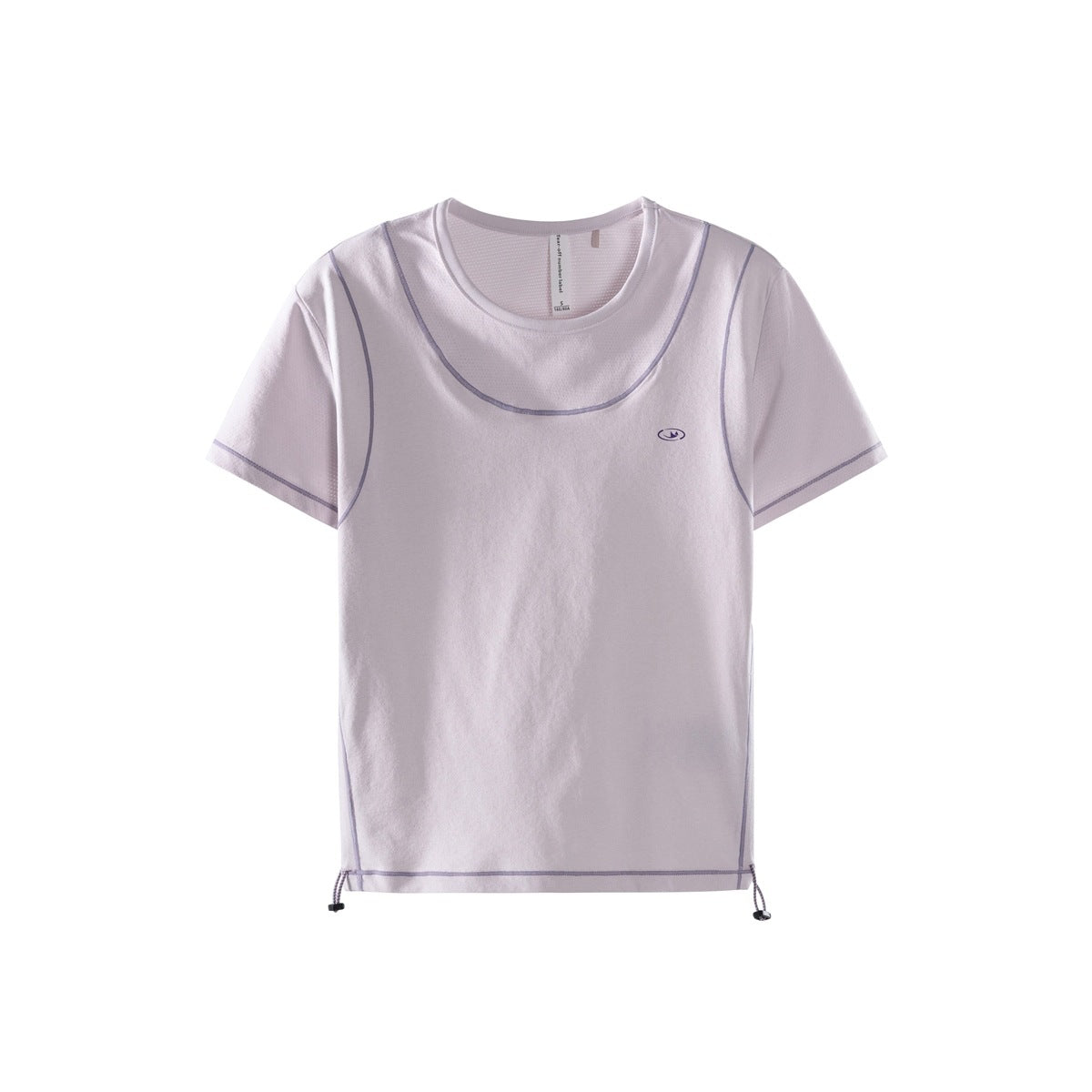Pale pink-lilac short-sleeve t-shirt with purple contrast topstitching, layered neckline and side drawcords, flat front