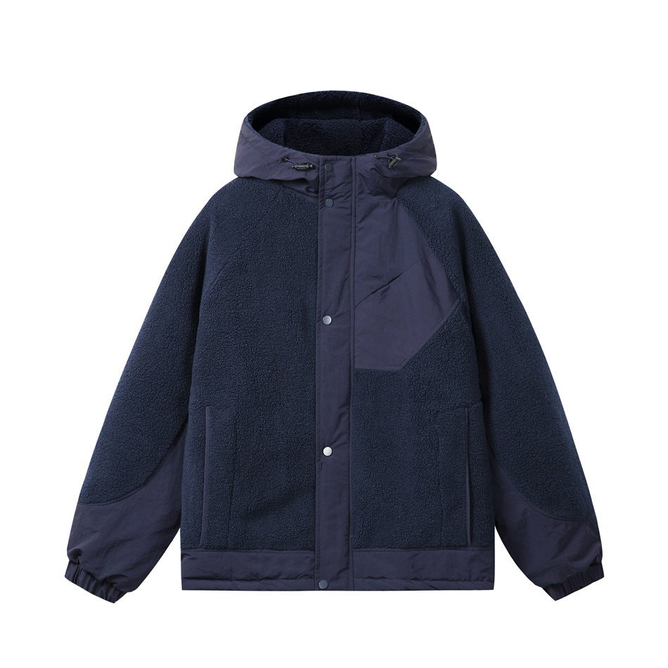 Navy hooded jacket with textured fleece-like body, smooth panels, snap front and chest pocket, front view