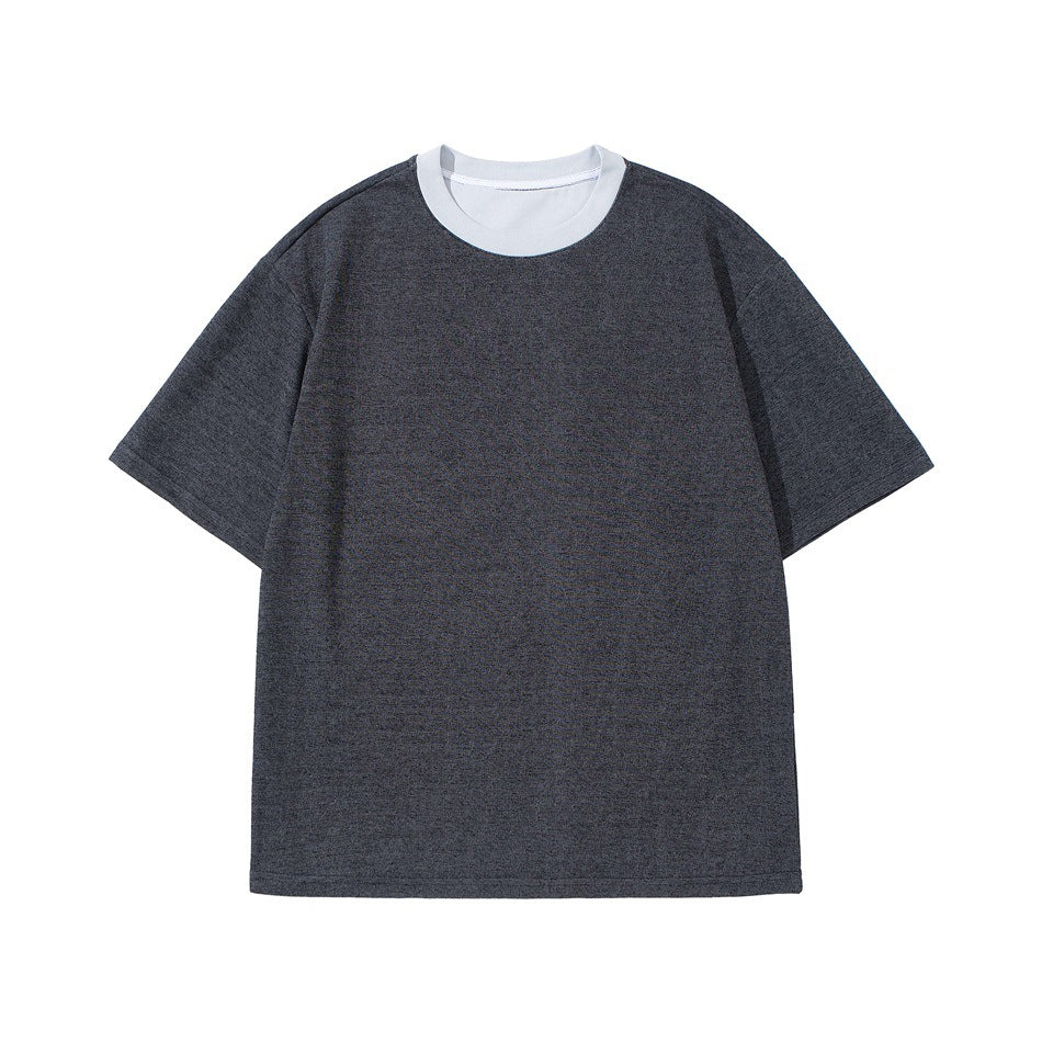 Dark heather gray short-sleeve T-shirt with light gray-white contrast collar, flat front view