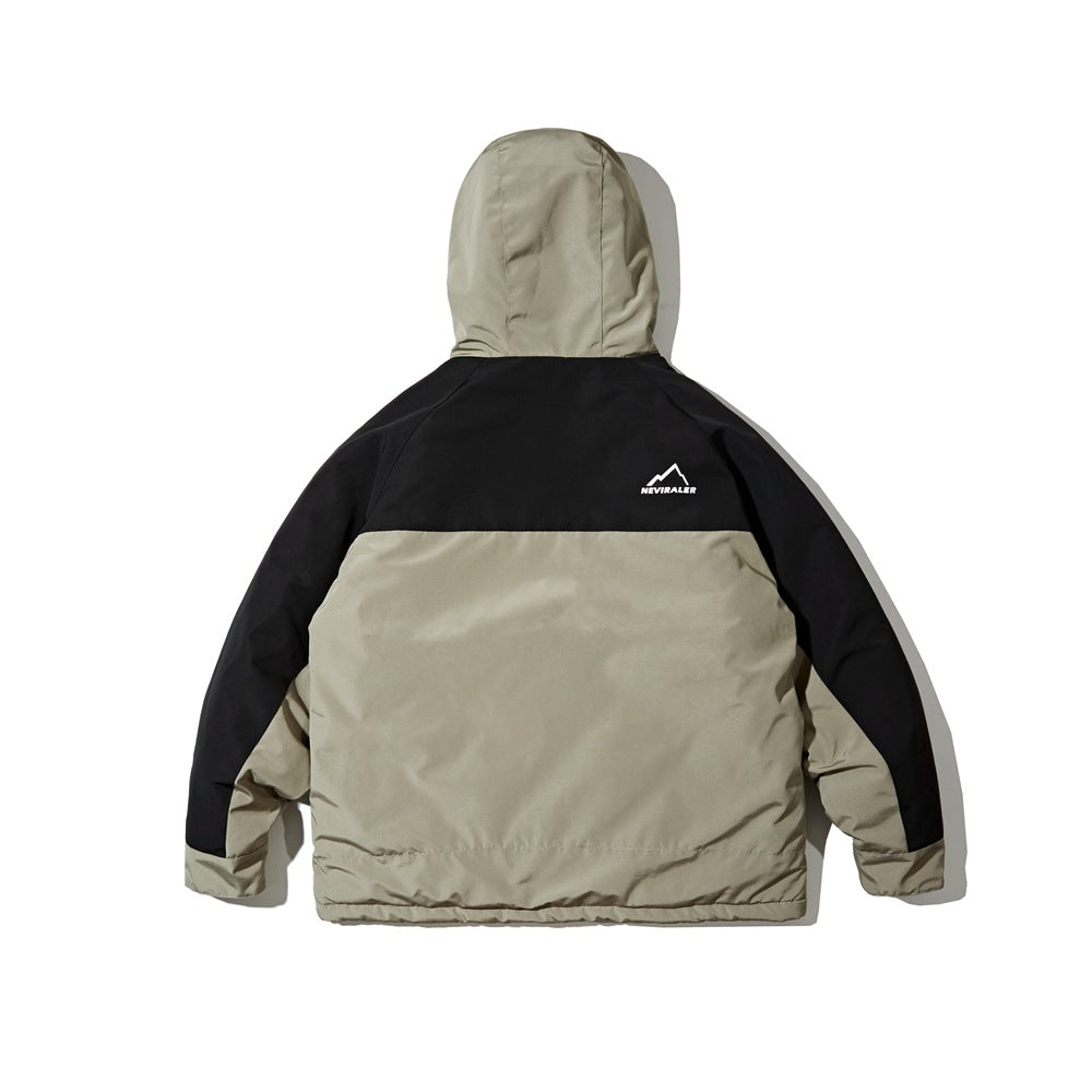 Back view of a taupe and black hooded jacket with a small white logo on the upper back.