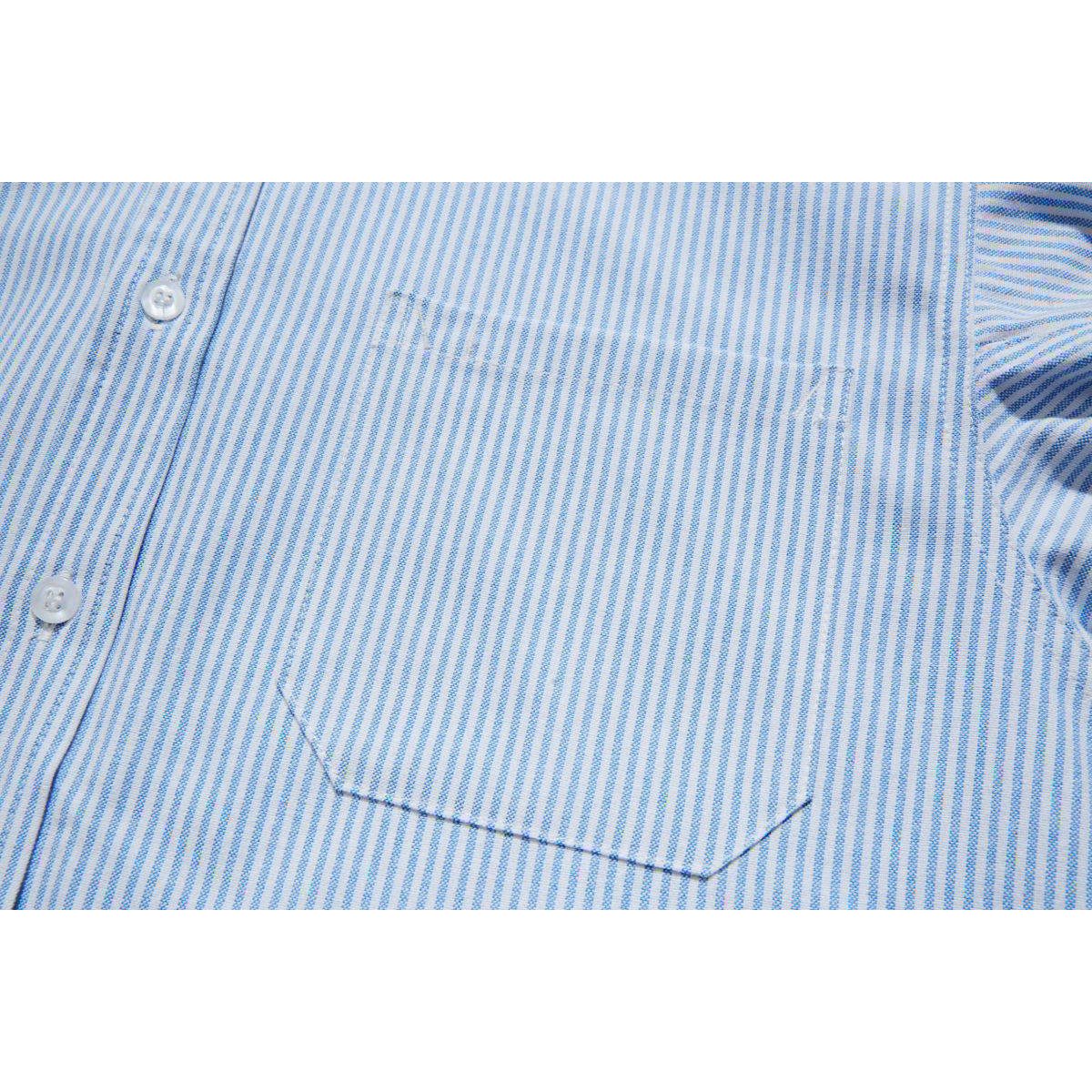 Close-up of a blue-and-white striped shirt showing its button placket and single chest pocket.