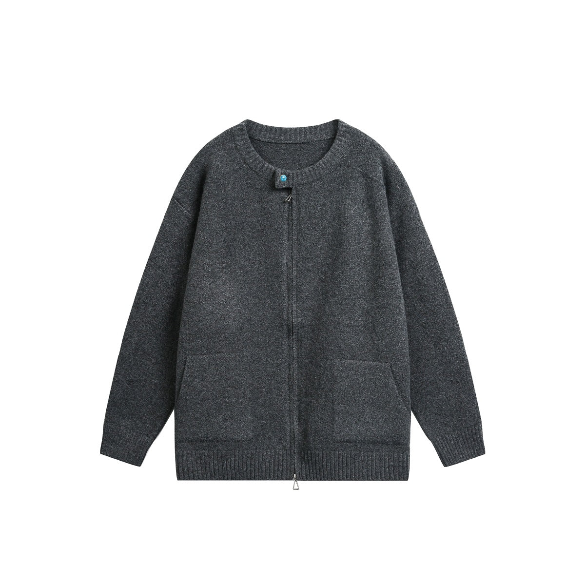 Dark gray knit zip-front cardigan with ribbed round neck, turquoise button and two front patch pockets, flat lay