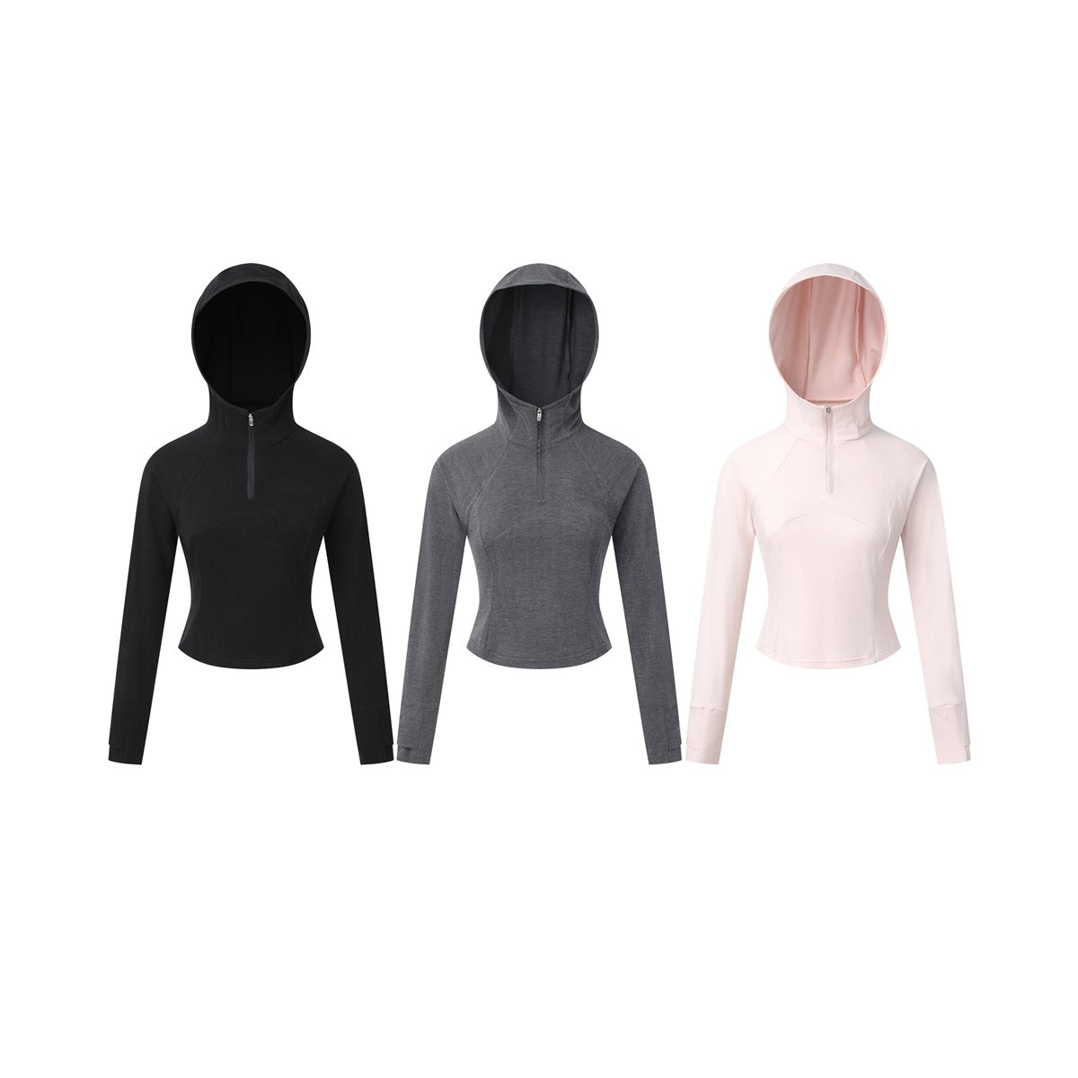 Three long-sleeved cropped hooded tops shown in black, charcoal gray, and pale pink, each with a short front zipper.