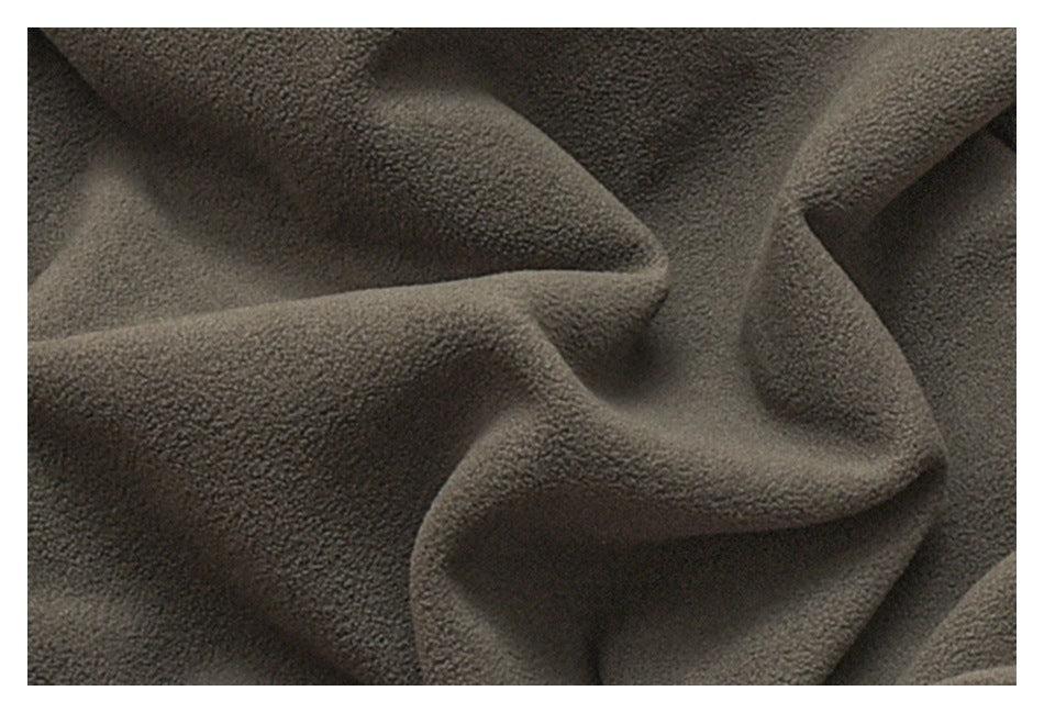 Extreme close-up showing the textured olive-gray fleece fabric in soft folds.