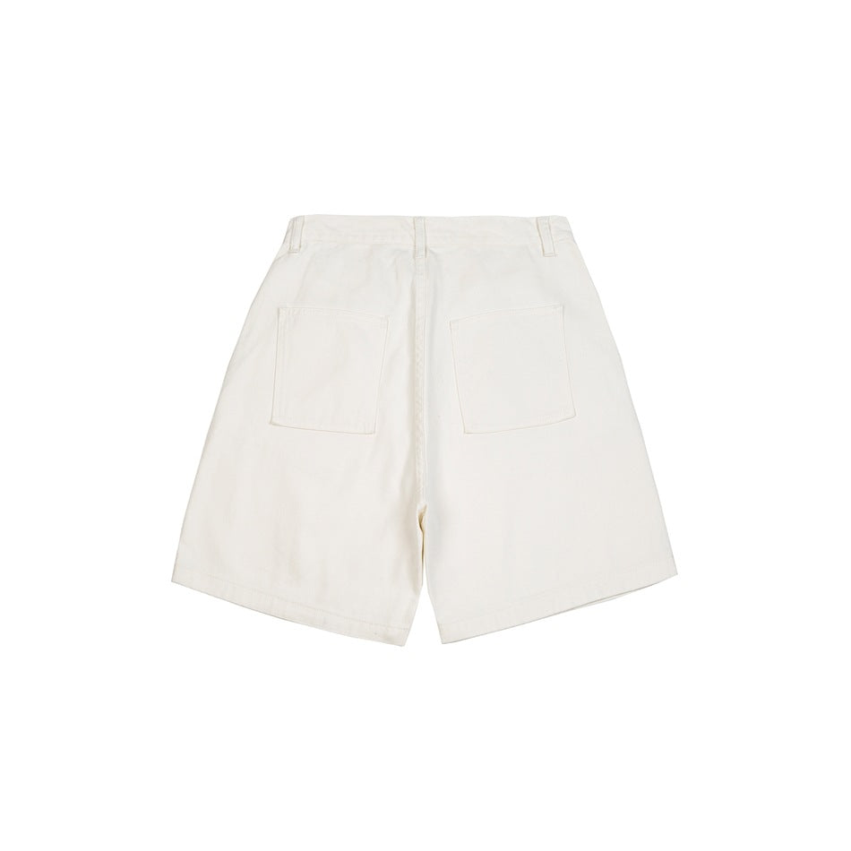 Back view of off-white wide-leg denim shorts with two patch pockets and belt loops.