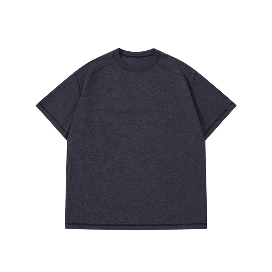 Dark gray heathered short-sleeve crew-neck T-shirt flat lay with dark topstitching