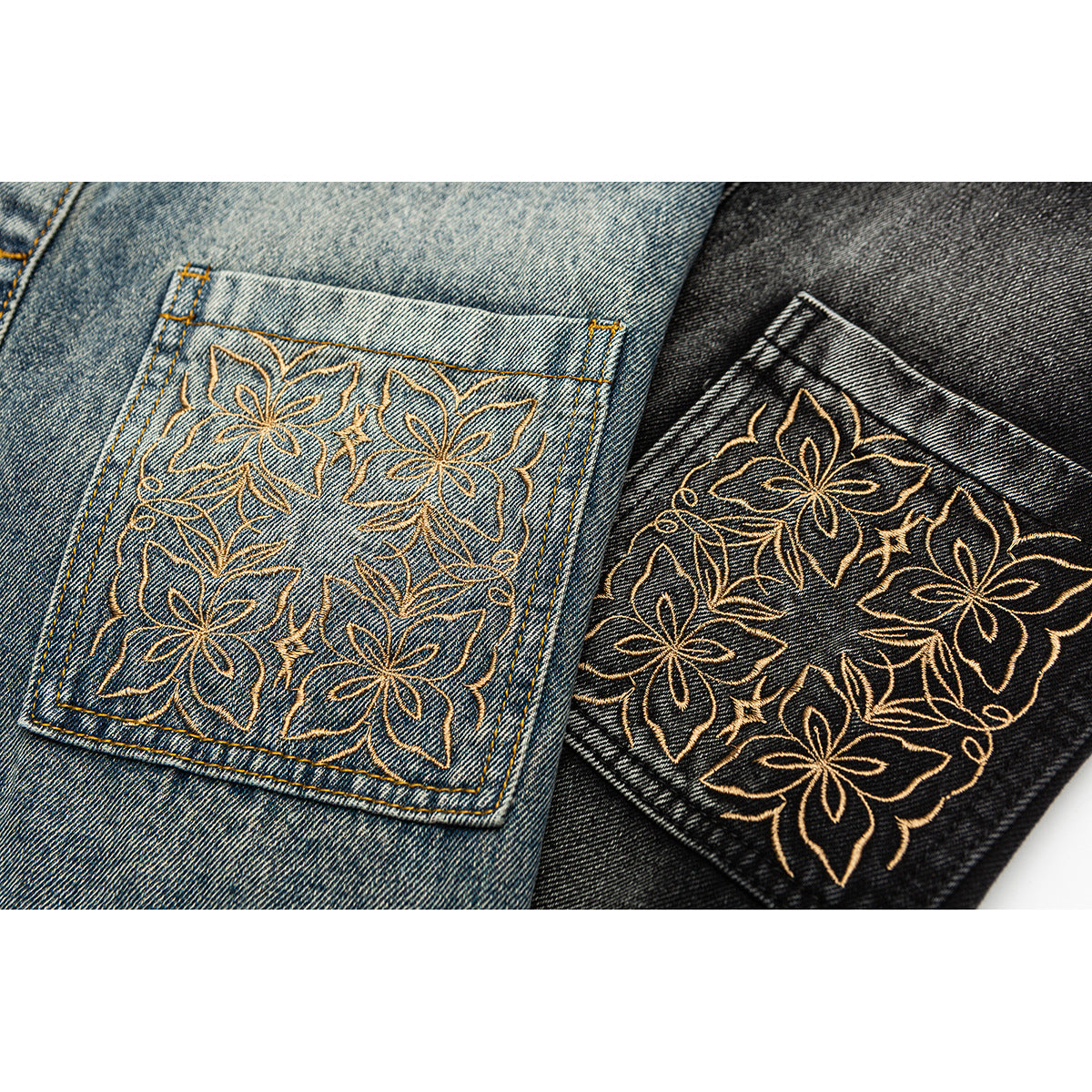 Close-up of blue and black denim jacket pockets with intricate gold floral embroidery.