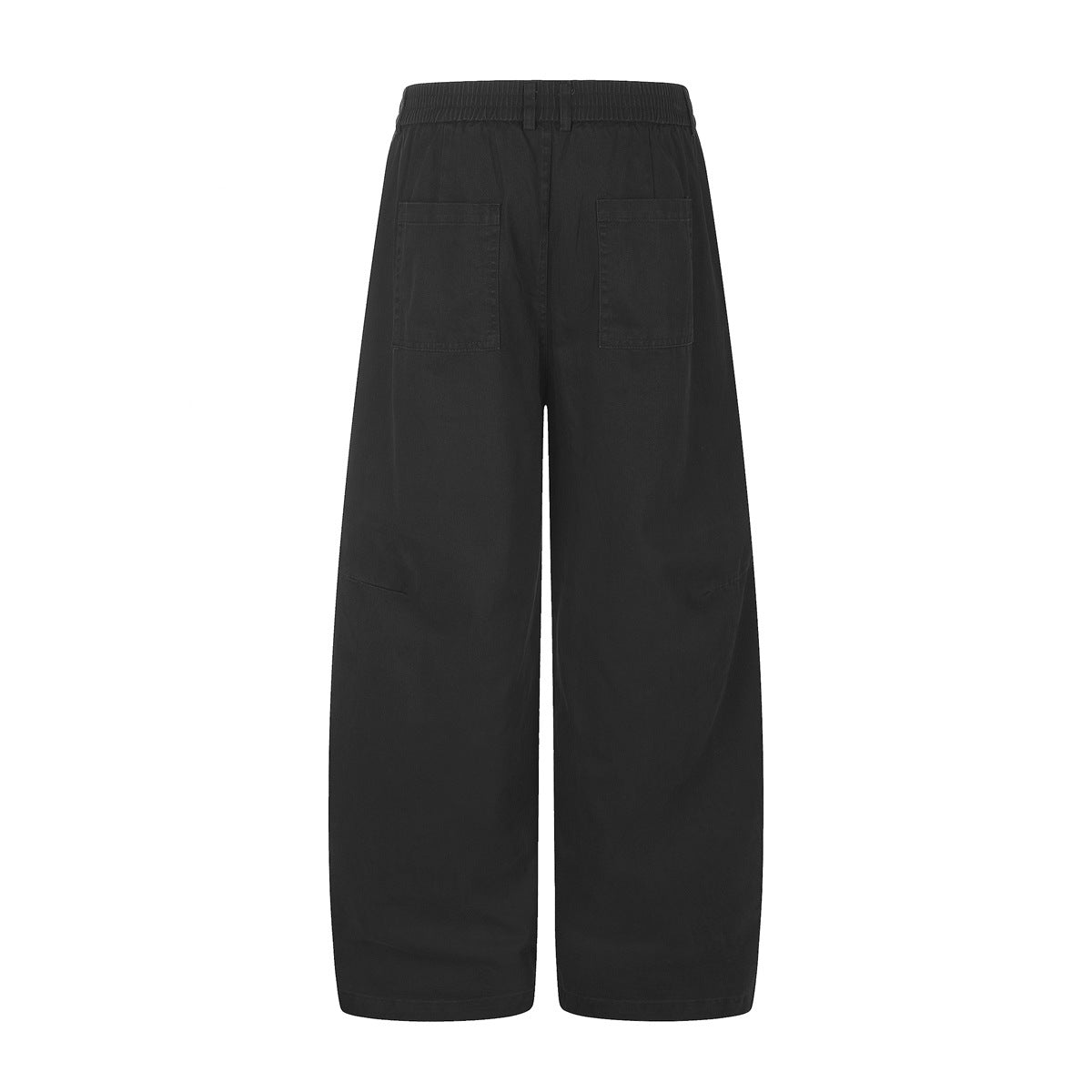 Back view of black wide-leg trousers with an elastic waistband and two patch pockets.