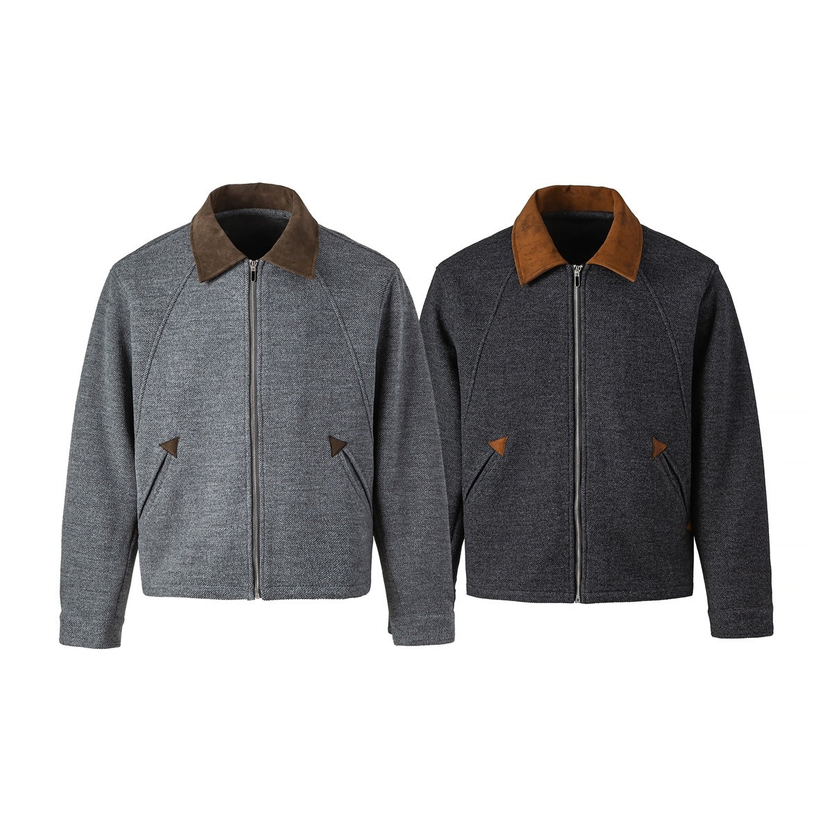 Two front views of zip-front jackets with brown collars: one light gray and one charcoal gray.