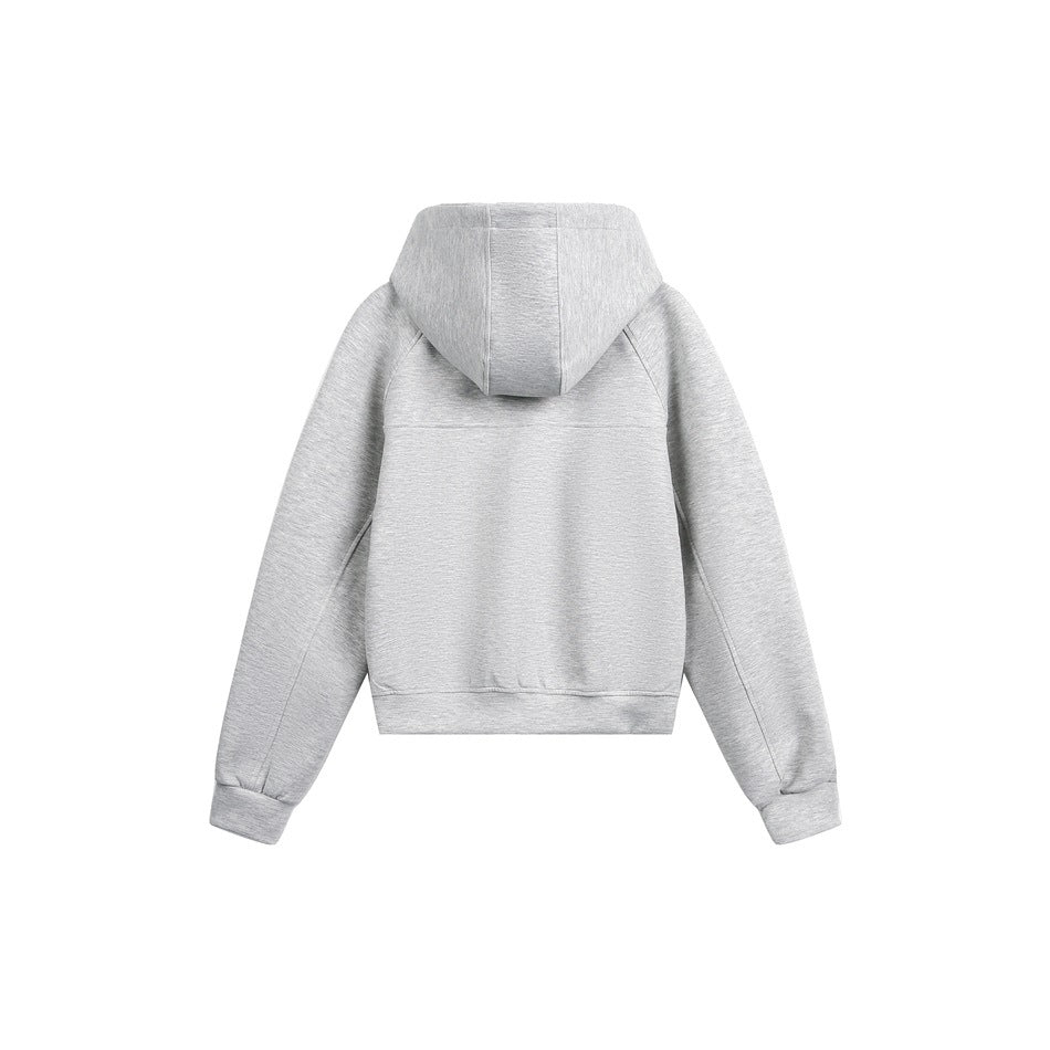 Back view of a light gray hooded jacket with long sleeves and a ribbed hem and cuffs.
