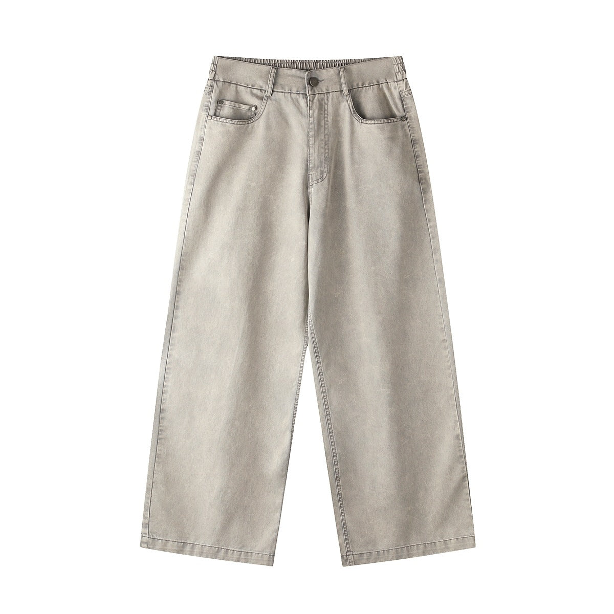 Light gray-beige washed wide-leg straight pants with five pockets, button fly and elastic waist detail, flat front view
