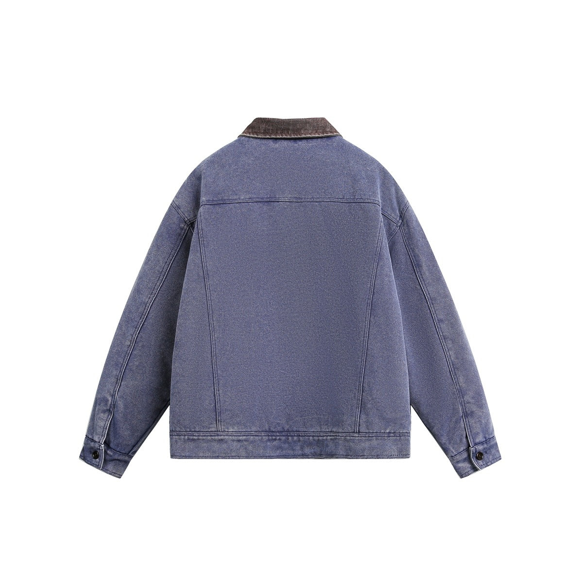 Back view of an indigo-blue jacket with a dark brown collar, panel seams, and buttoned cuffs.