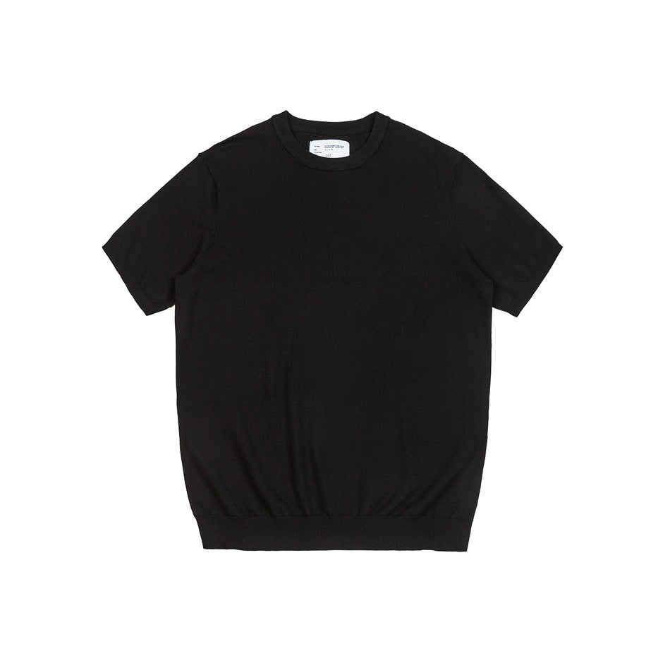 Black short-sleeve crew neck knit top flat lay, front view, with ribbed neckline, cuffs and hem