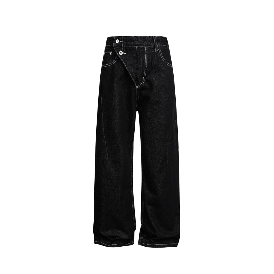 Black wide-leg jeans with diagonal fly, two buttons and contrast stitching, flat front view on white background