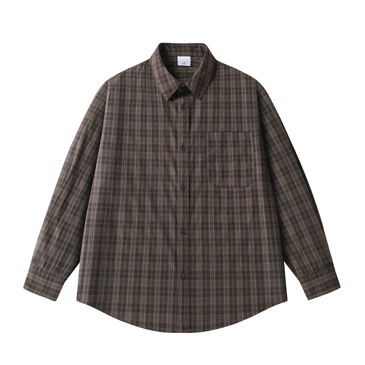 Coffee-brown plaid long-sleeve button-up shirt with pointed collar and chest pocket, flat front view